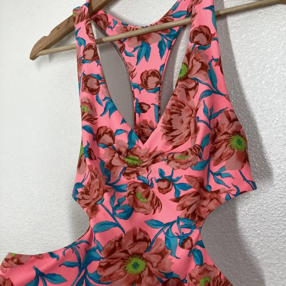 Tori Praver One Piece Swimsuit Womens Large Pink Floral Cutout Monokini Tropical